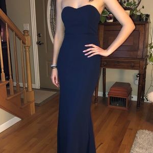 navy blue strapless maxi dress